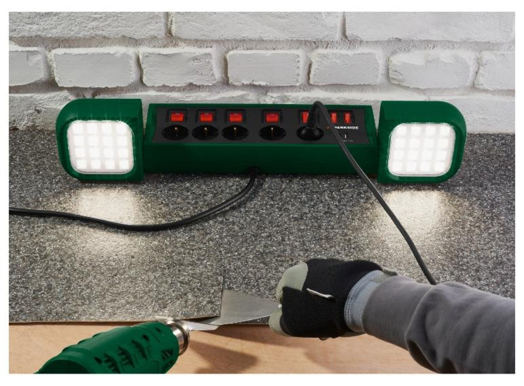 🔌🔦 PARKSIDE® LED работна лампа »PASD 3680 A1«, с 5-гнездова разклонител с ВКЛ./ИЗКЛ.