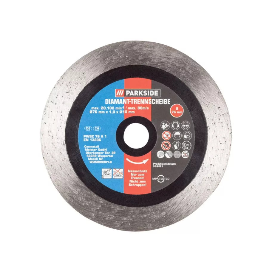 🔘 PARKSIDE PWSZ 76 A1 – Диамантен диск за рязане WET 76 мм x 1,0 мм