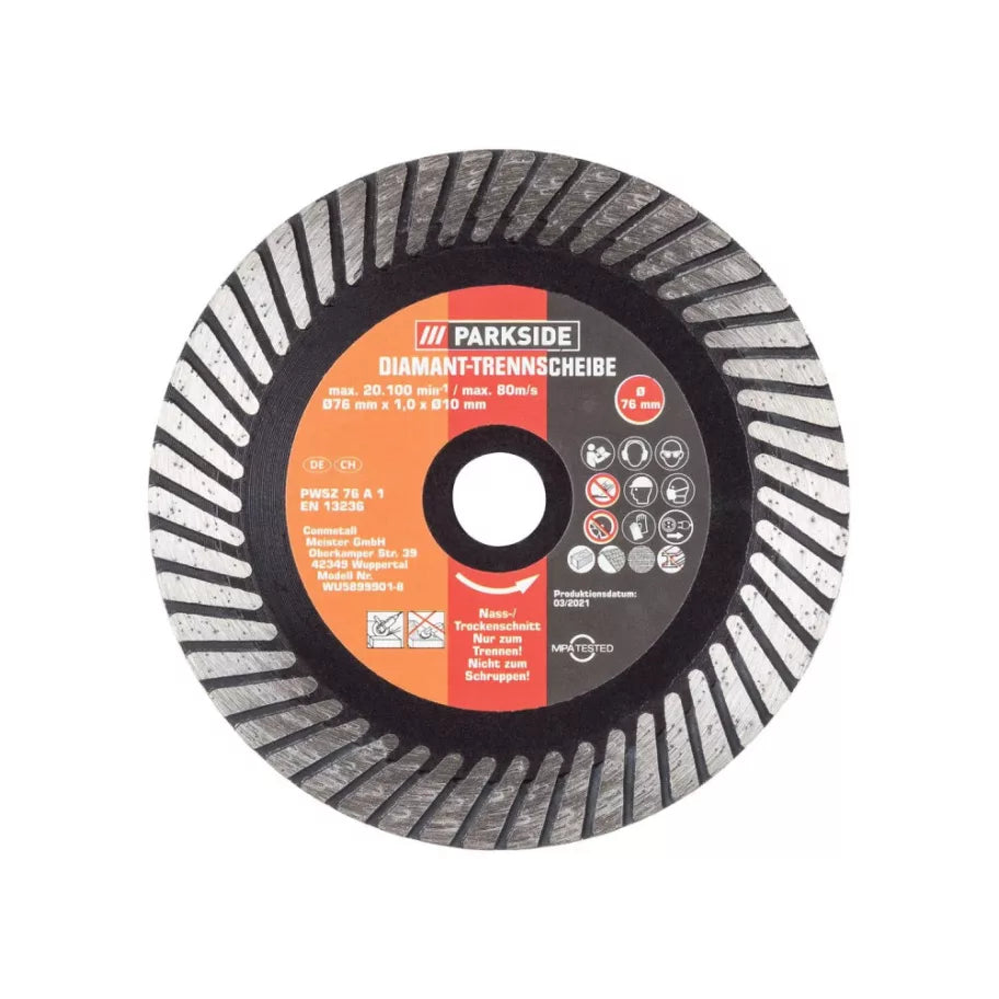 🔘 PARKSIDE PWSZ 76 A1 TURBO – Диамантен диск за рязане WET &amp; DRY (76 мм x 1,0 мм)